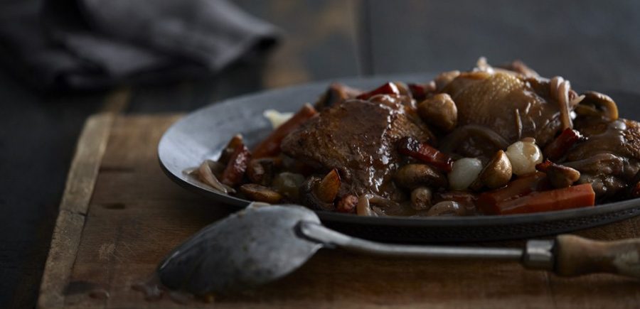 Braised Chicken with Red Wine recipe. Coq Au Vin.