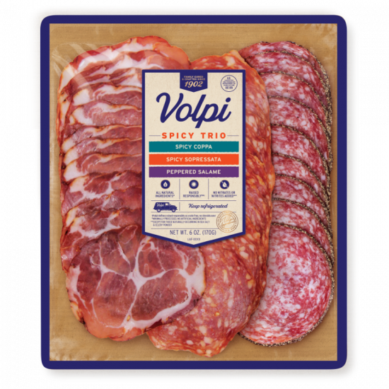 Volpi Pre sliced Spicy Trio 6oz Spicy Coppa Spicy Sopressata Peppered Salame Volpi Foods 1